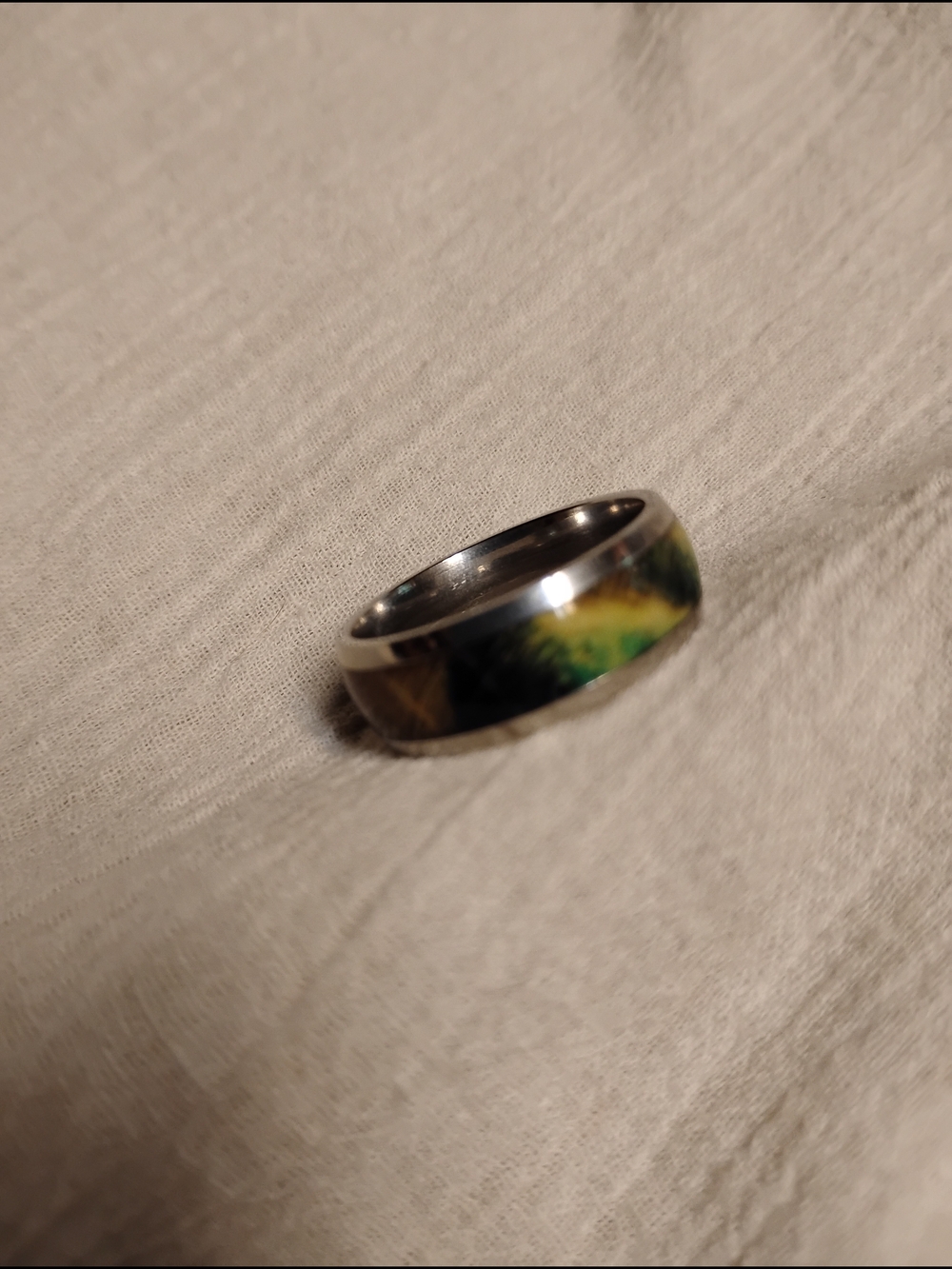 Men's Stainless Steel Ring with Green, Brown and Yellow Wood Inlay